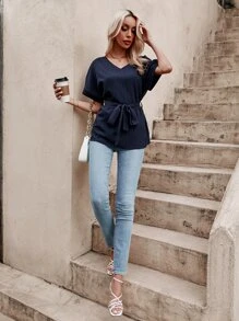 SHEIN LUNE Solid Belted V Neck Blouse - Navy Blue - View 5