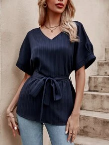SHEIN LUNE Solid Belted V Neck Blouse - Navy Blue - View 6