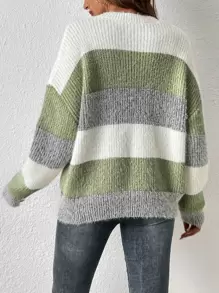 拼色垂坠纹理面料肩部毛衣 - 橄欖綠 - 查看 2