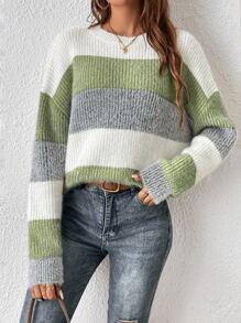 拼色垂坠纹理面料肩部毛衣 - 橄欖綠 - 查看 3