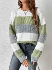 拼色垂坠纹理面料肩部毛衣 - 橄欖綠 - 查看 5