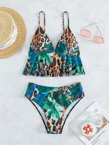 Leopard & Tropical Print Ruffle Hem Bikini Set Summer Beach - Multicolor - View 7
