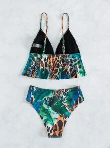 Leopard & Tropical Print Ruffle Hem Bikini Set Summer Beach - Multicolor - View 2
