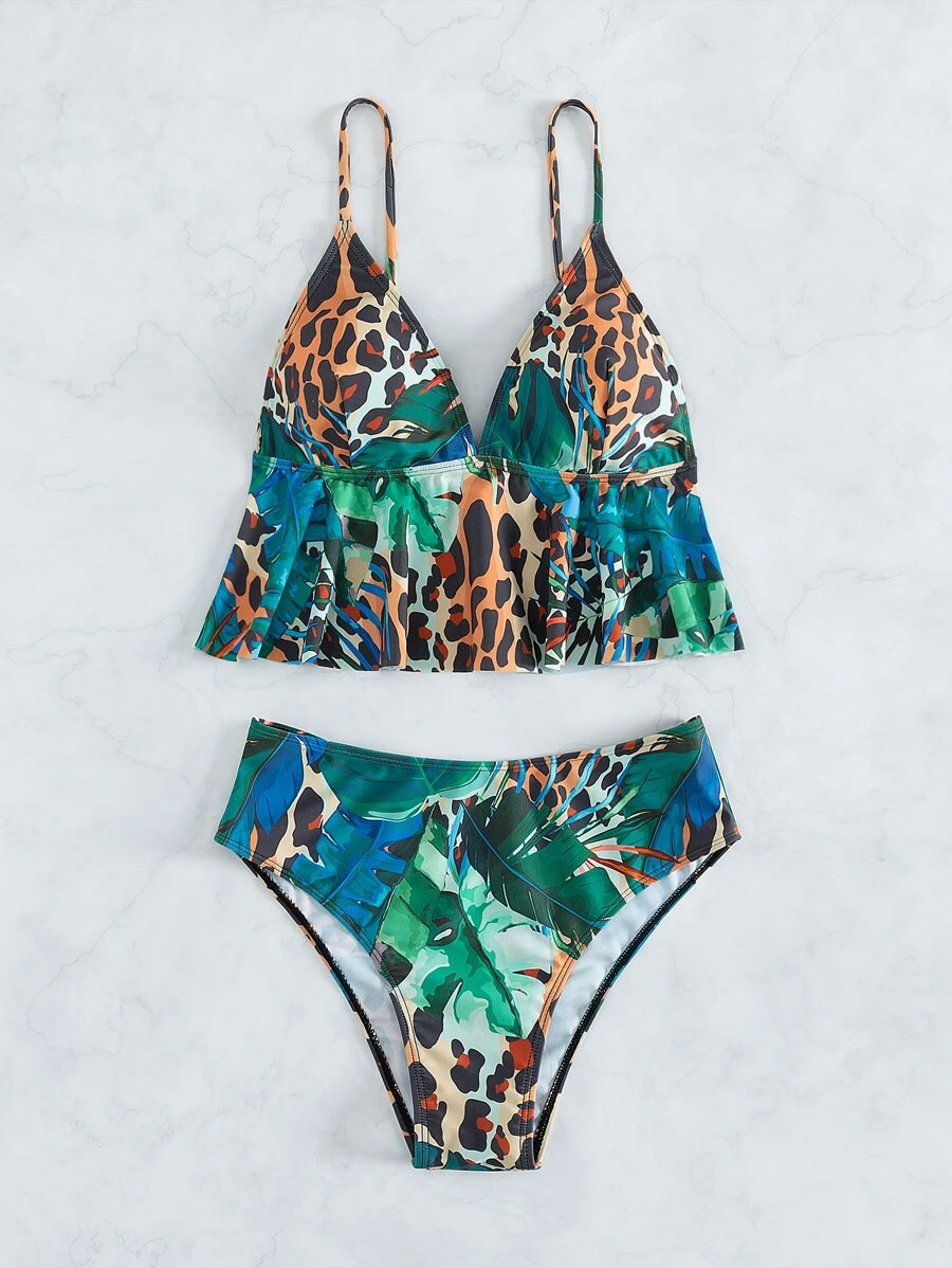 Leopard & Tropical Print Ruffle Hem Bikini Set Summer Beach - Multicolor - View 1
