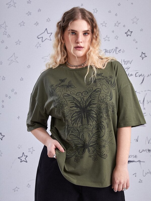 Fairycore Plus Butterfly Print Drop Shoulder Tee