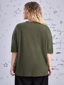 ROMWE Fairycore 大碼蝴蝶圖案落肩T恤 - 軍綠色 - 查看 2