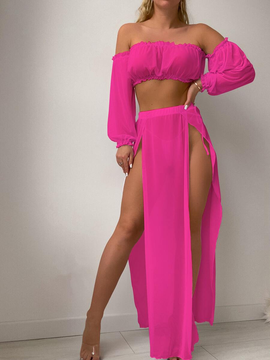 SHEIN Swim Summer Beach 2packs Mesh Frill Trim Cover Up Top With Skirt - Hot Pink - View 1