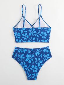 SHEIN Swim 夏季海滩花卉印花比基尼套装裹身前短款吊带上衣和收腹高腰下装 2 件套比基尼 - 藍色 - 查看 2