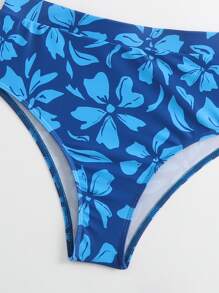 SHEIN Swim 夏季海滩花卉印花比基尼套装裹身前短款吊带上衣和收腹高腰下装 2 件套比基尼 - 藍色 - 查看 3