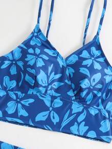 SHEIN Swim 夏季海滩花卉印花比基尼套装裹身前短款吊带上衣和收腹高腰下装 2 件套比基尼 - 藍色 - 查看 4