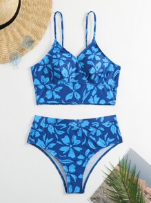 SHEIN Swim 夏季海滩花卉印花比基尼套装裹身前短款吊带上衣和收腹高腰下装 2 件套比基尼 - 藍色 - 查看 6