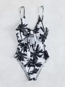 Swim Vcay Summer Beach Palm Tree Print Knot Front One Piece Swimsuit - Black and White - View 3