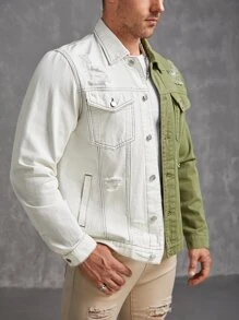 Manfinity Men Two Tone Ripped Flap Pocket Denim Shirt - Multicolor - View 2