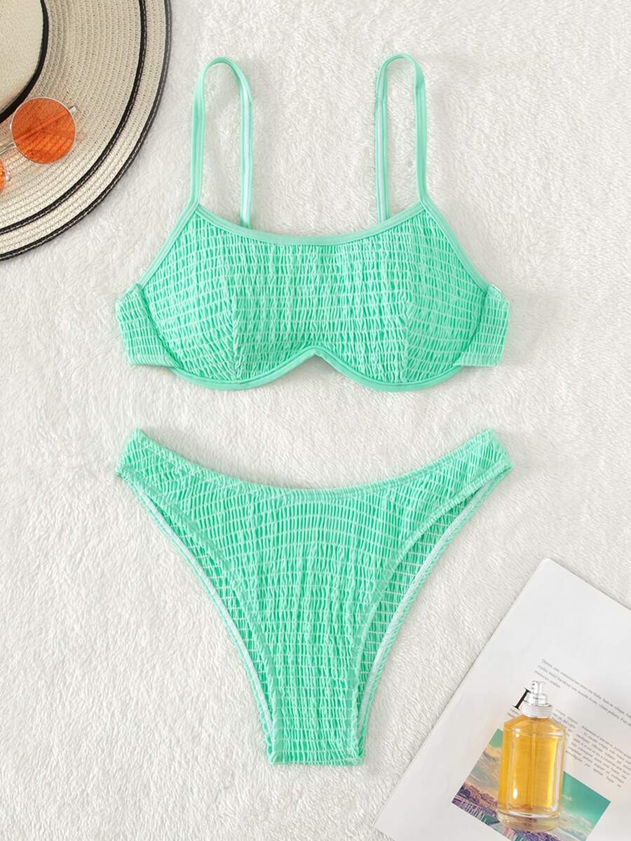 菱紋內衬夏季沙灘比基尼套裝 - 薄荷綠 - 查看 1