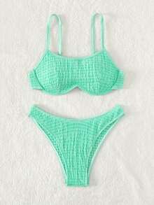 菱紋內衬夏季沙灘比基尼套裝 - 薄荷綠 - 查看 5