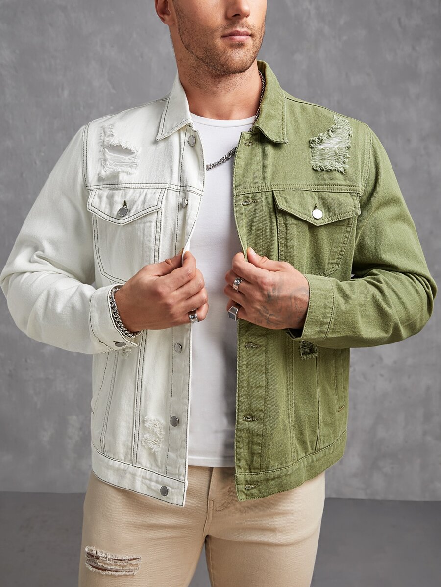 Manfinity Men Two Tone Ripped Flap Pocket Denim Shirt - Multicolor - View 1