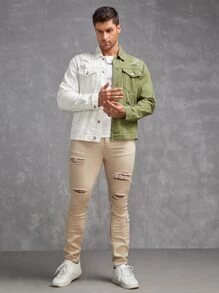 Manfinity Men Two Tone Ripped Flap Pocket Denim Shirt - Multicolor - View 5