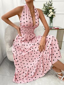 SHEIN VCAY Polka Dot Print Ruffle Hem Backless Halter Neck Dress - Baby Pink - View 1