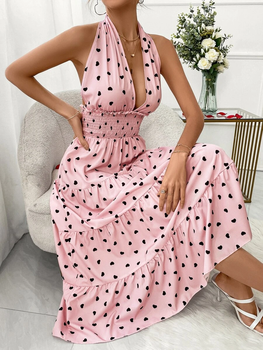 SHEIN VCAY Polka Dot Print Ruffle Hem Backless Halter Neck Dress - Baby Pink - View 1