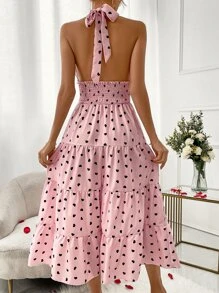 SHEIN VCAY Polka Dot Print Ruffle Hem Backless Halter Neck Dress - Baby Pink - View 2