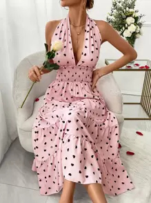 SHEIN VCAY Polka Dot Print Ruffle Hem Backless Halter Neck Dress - Baby Pink - View 3