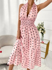 SHEIN VCAY Polka Dot Print Ruffle Hem Backless Halter Neck Dress - Baby Pink - View 4