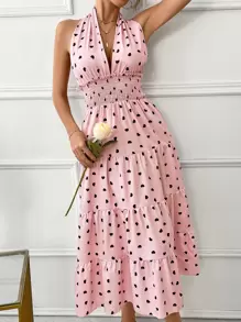 SHEIN VCAY Polka Dot Print Ruffle Hem Backless Halter Neck Dress - Baby Pink - View 5