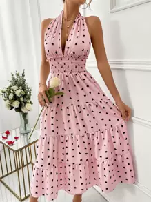 SHEIN VCAY Polka Dot Print Ruffle Hem Backless Halter Neck Dress - Baby Pink - View 6