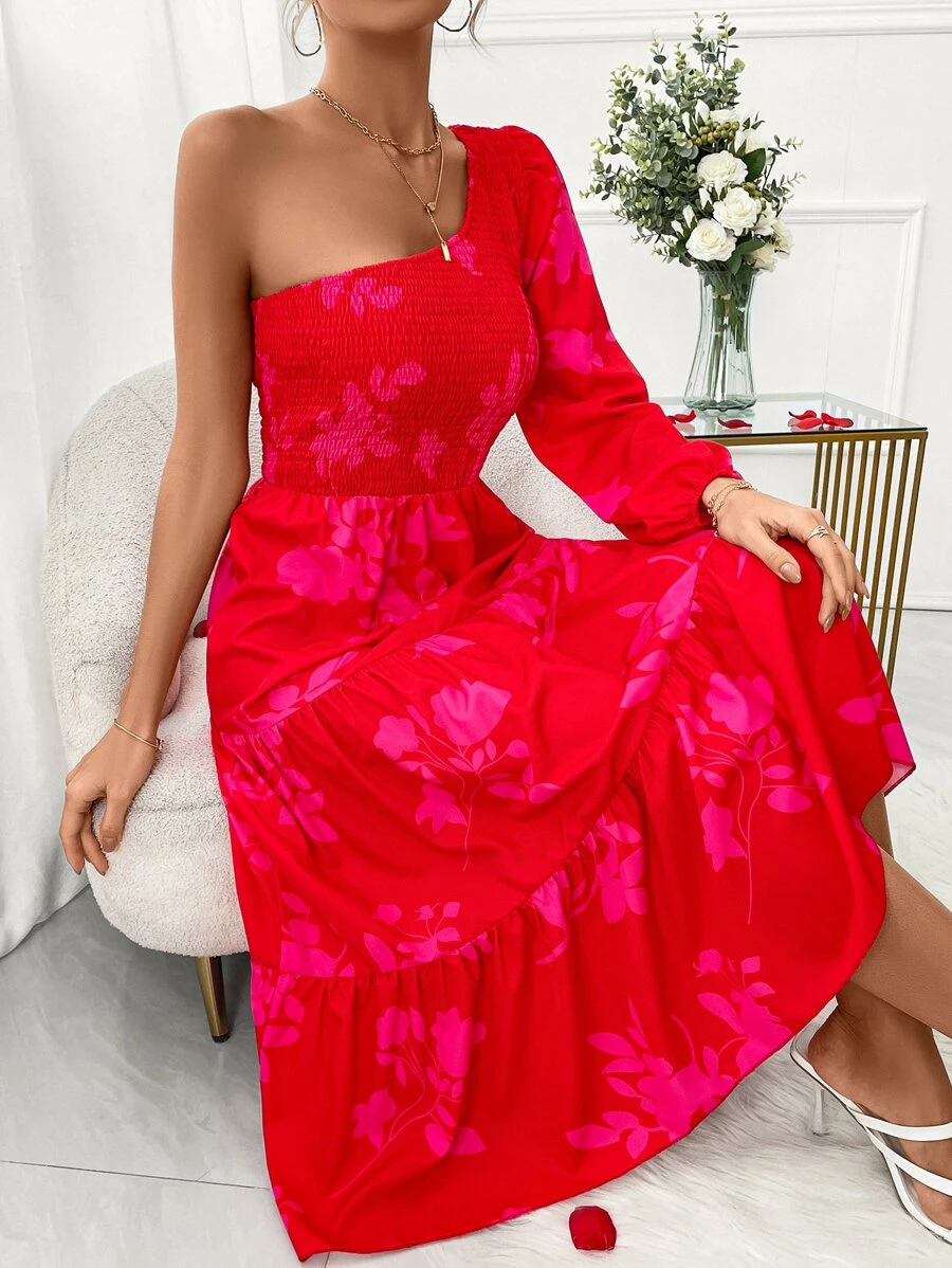 Breezaya Vestido con estampado floral de manga farol de un hombro bajo con fruncido - Rojo - Ver 1