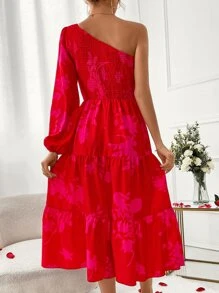 Breezaya Vestido con estampado floral de manga farol de un hombro bajo con fruncido - Rojo - Ver 2