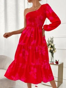 Breezaya Vestido con estampado floral de manga farol de un hombro bajo con fruncido - Rojo - Ver 3
