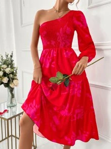 Breezaya Vestido con estampado floral de manga farol de un hombro bajo con fruncido - Rojo - Ver 5