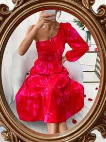 Breezaya Vestido con estampado floral de manga farol de un hombro bajo con fruncido - Rojo - Ver 6