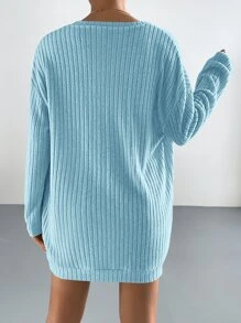 SHEIN EZwear Bộ đồ hai mảnh nữ Gân đan màu trơn Giải trí - Màu xanh lam - Xem 2
