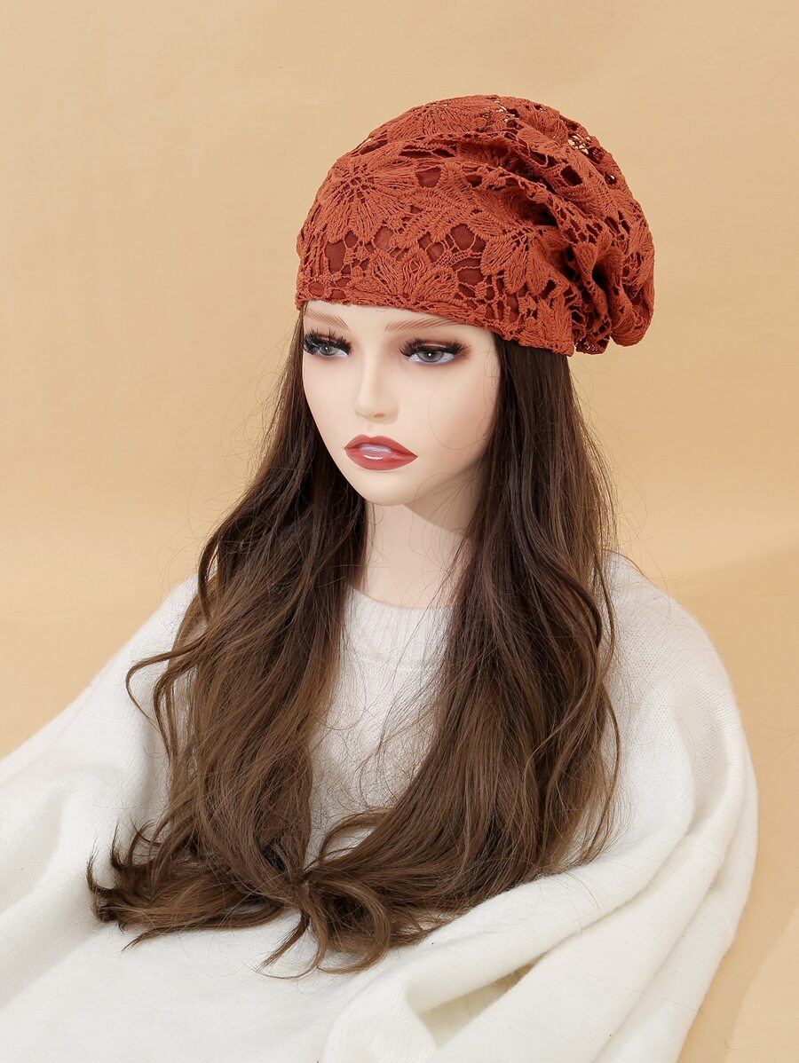 Gorro holgado con bordado floral - Marrón - Ver 1