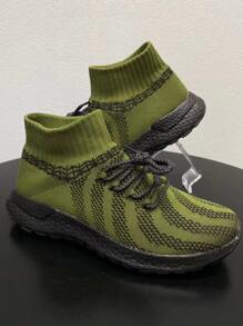 Men Lace Up Design Slip-On Sock Sneakers - Army Green - View 1