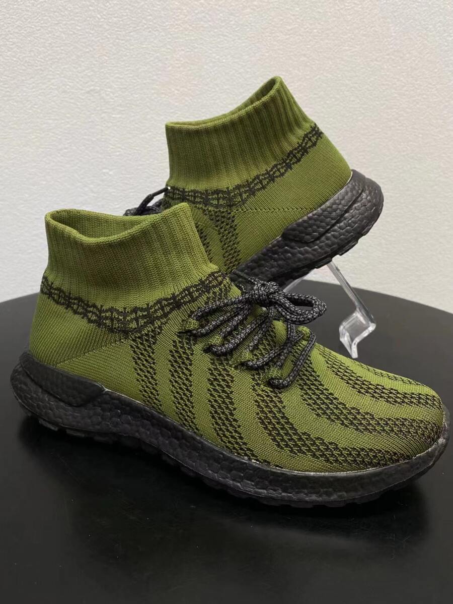 Men Lace Up Design Slip-On Sock Sneakers - Army Green - View 1