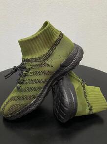 Men Lace Up Design Slip-On Sock Sneakers - Army Green - View 2