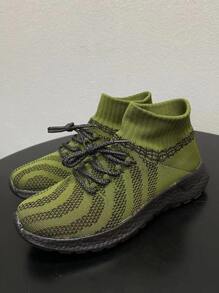 Men Lace Up Design Slip-On Sock Sneakers - Army Green - View 4
