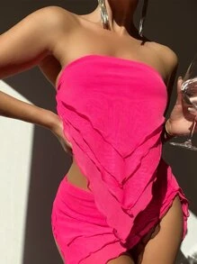 Layered Hem Bandeau Bikini Top - Hot Pink - View 1