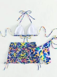 全身印花掛脖三角夏季沙灘比基尼套裝沙灘裙 - 彩色 - 查看 6