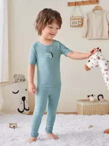 Boys Cartoon Patched Tee & Trousers Snug Fit Lounge Set - Cadet Blue - View 1