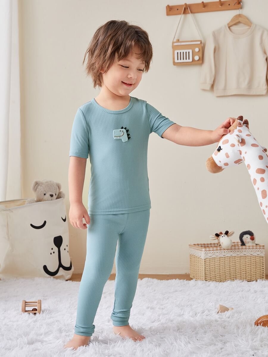 Boys Cartoon Patched Tee & Trousers Snug Fit Lounge Set - Cadet Blue - View 1