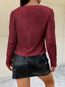 SHEIN Privé Open Front Sequin Jacket - Burgundy - View 2