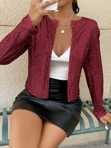 SHEIN Privé Open Front Sequin Jacket - Burgundy - View 5