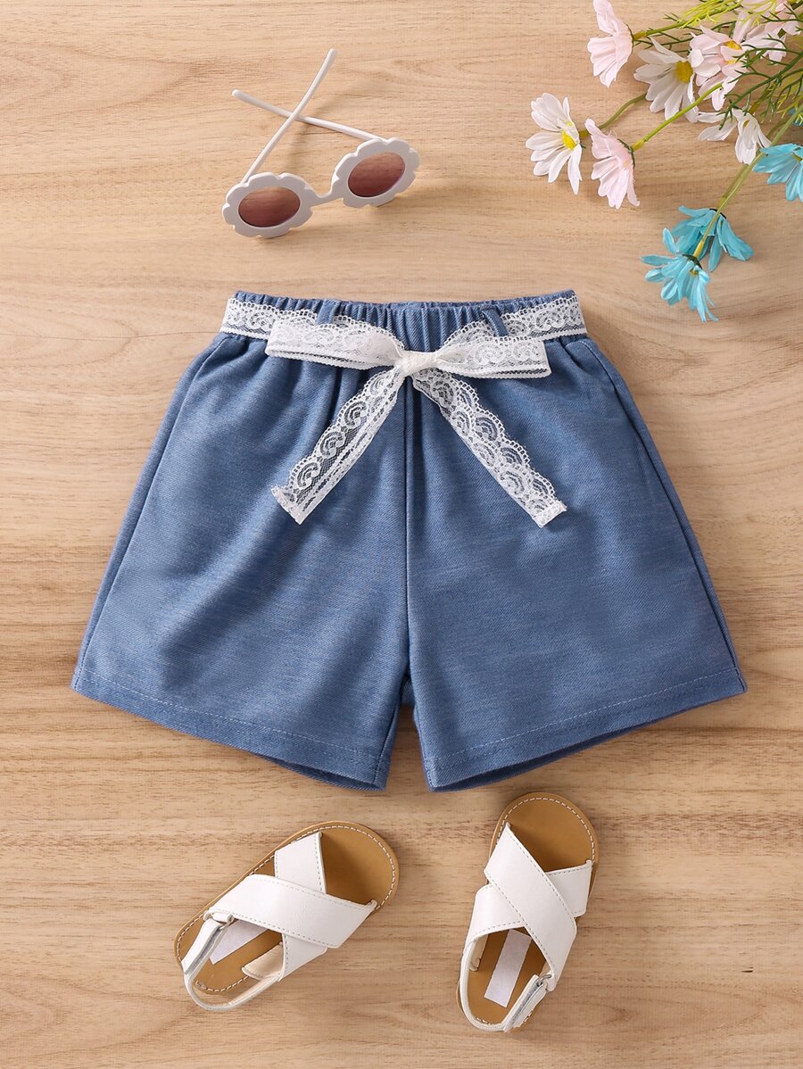 SHEIN 女小童藍色素色休閒基本款短褲,夏天 - 藍色 - 查看 1