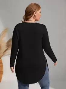 SHEIN LUNE 大碼素色下擺開叉T恤 - 黑色 - 查看 2