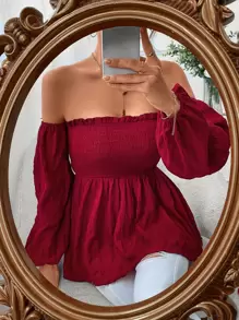 Chiquease Off Shoulder Lantern Sleeve Peplum Blouse - Red - View 1