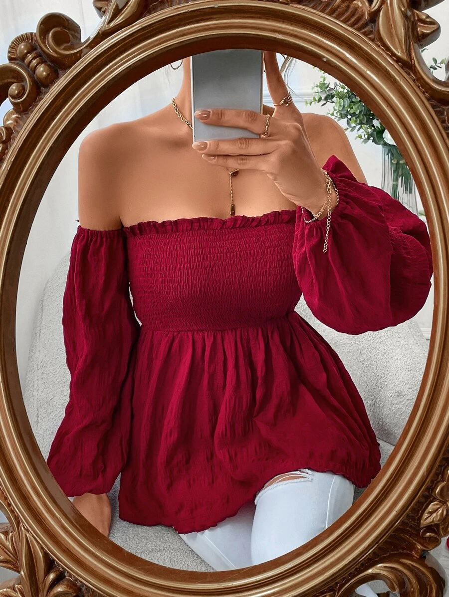 Chiquease Off Shoulder Lantern Sleeve Peplum Blouse - Red - View 1