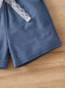 SHEIN 女小童藍色素色休閒基本款短褲,夏天 - 藍色 - 查看 3